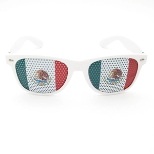 Detail of white party sunglasses featuring Mexican flag perforated mesh pattern lenses