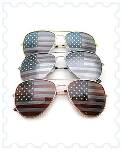 Three pairs of pilot sunglasses with US flag pattern lenses in gold silver and bronze metal frames