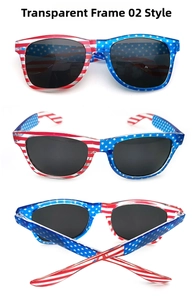 Detail view of American flag pattern sunglasses with blue stars and red white stripes