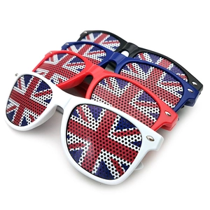 Set of four UK flag party sunglasses in white, red, blue, and black frames with rivets