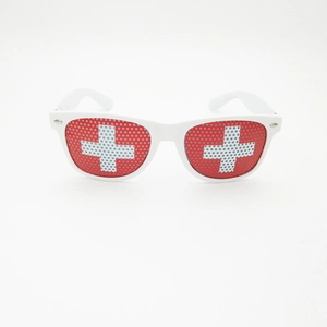 White frame sunglasses featuring the Switzerland national flag on perforated lenses