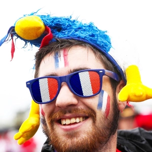 French flag theme party accessories set with blue rooster hat and flag print sunglasses