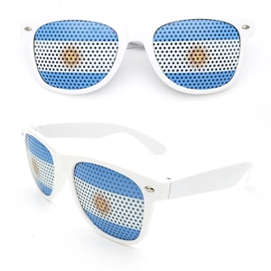 White party sunglasses featuring Argentina flag print on perforated film lenses