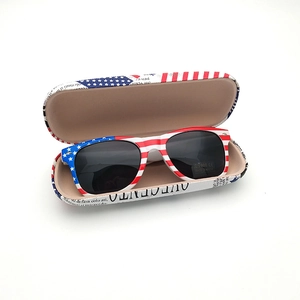 Detail view of American flag pattern glasses case with soft velvet lining and UV400 lens