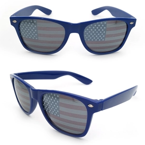 Detailed front and side view of sunglasses with US flag pattern printed on the lenses