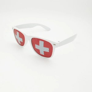 Swiss flag theme sunglasses with white frames and red perforated cross lenses for fans