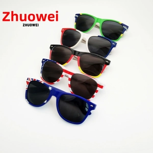 Close-up of five national flag themed sunglasses with durable plastic frames and UV400 lenses