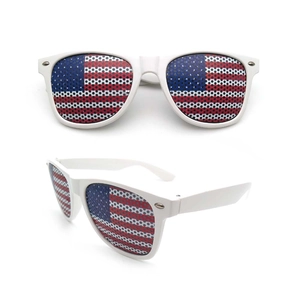 Close-up of American flag pinhole lens pattern on white square frame sunglasses