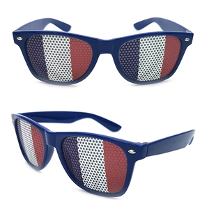 Blue sunglasses featuring French flag micro-perforated mesh lenses for fan events