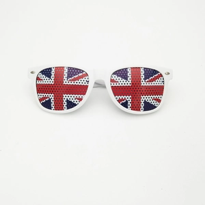 Detailed close-up of Union Jack flag print on white pinhole party sunglasses