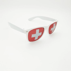 White frame party sunglasses with Swiss flag mesh lenses for World Cup events