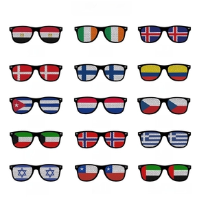 Detail view of 15 flag-patterned perforated stickers on classic square sunglasses