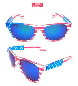 Detailed view of US flag party sunglasses with green mirrored lenses and plastic frame