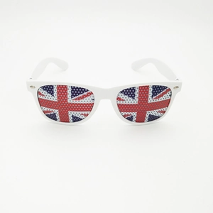 Detail of white party sunglasses featuring Union Jack flag pattern on the lenses