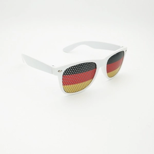 Detailed view of white UV400 sunglasses with German flag pattern on pinhole lenses