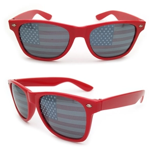 Detailed front and side view of red sunglasses with US flag printed lenses and UV400 frames