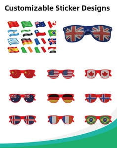 Detail view of party sunglasses with various national flags printed on perforated lenses