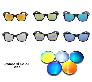 Close-up of regular color coating lenses and multiple stylish sunglasses on white background