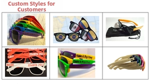 Detailed view of custom promotional sunglasses with national flag lens and bamboo temples