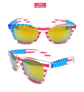 Detail view of American flag sunglasses with red mirrored lenses for Independence Day party