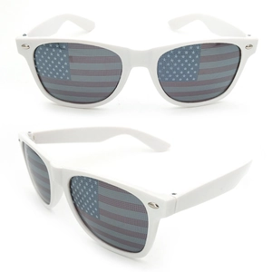 Detail of white sunglasses featuring UV400 lenses with American flag pattern and silver rivets