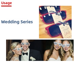 Close-up of white wedding sunglasses with Bride print and kraft gift tag detail