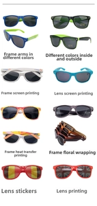 Detail view of custom sunglasses with screen printing, heat transfer, and UV400 protection