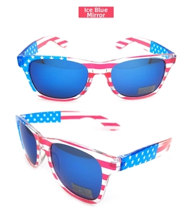 Detail view of American flag sunglasses with ice blue silver mirrored lenses for parties