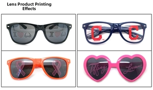 Detail showing custom printed patterns on assorted plastic sunglasses lenses