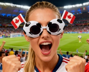 Gros plan d'un fan portant des lunettes de soleil football Canada pour le Mondial 2026