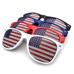 Close-up of USA flag patterned hole lenses in white, red, blue and black sunglasses