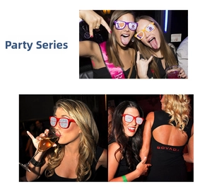 Close-up of vibrant party sunglasses with printed mesh lenses for social events