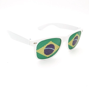 Detail of white sunglasses with Brazil flag mesh lenses for sports fans and parties