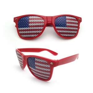 Patriotic USA flag pinhole sunglasses with red frames shown from two different angles