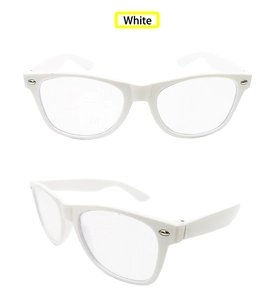 Macro detail of white full-rim party glasses with silver metal accents and clear lenses