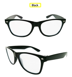 Front and side 45-degree angle view of black thick frame diffraction glasses