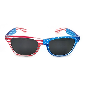 Sunglasses with US flag design, asymmetrical red stripes and blue stars on a white background