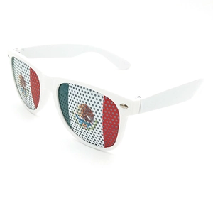 Close-up of Mexico flag print on white plastic sunglasses for sports and party events