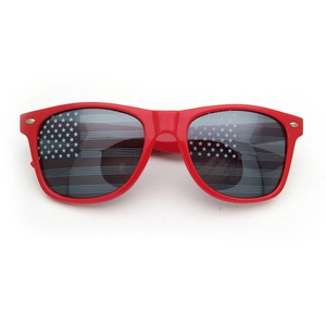 Red frame sunglasses with American flag pattern lenses and UV400 protection for party
