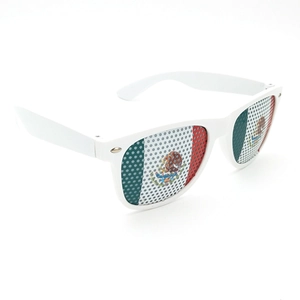 Detailed close-up of white sunglasses with Mexico flag mesh lenses for sports fans