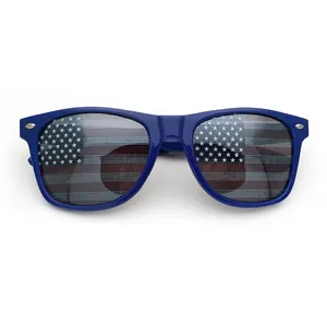 Blue UV400 sunglasses with classic frame and American flag pattern printed on lenses