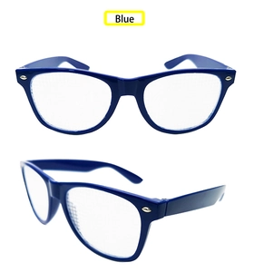 Close-up of blue fireworks diffraction glasses with transparent lenses and silver accents
