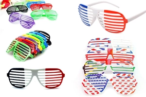 Variety of colorful plastic shutter shades and national flag party glasses for events
