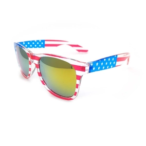 Classic square sunglasses with US flag print frames and green reflective mirror lenses