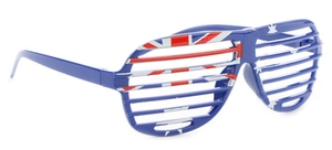 Side view of blue Australian flag shutter shades for parties and sport events