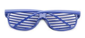Detail view of the blue shutter shades plastic glasses showing the frame's ribbed texture