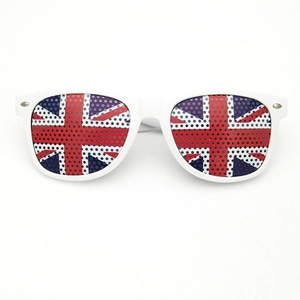 White party sunglasses featuring British Union Jack flag perforated lens stickers