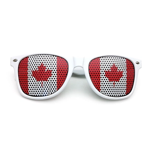 Canada flag sunglasses with white frames and red maple leaf pattern for parties