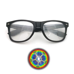 Black diffraction glasses creating football shaped rainbow light patterns for party events