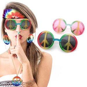 Detail of hippie accessory set with rainbow peace sign glasses, necklace and earrings